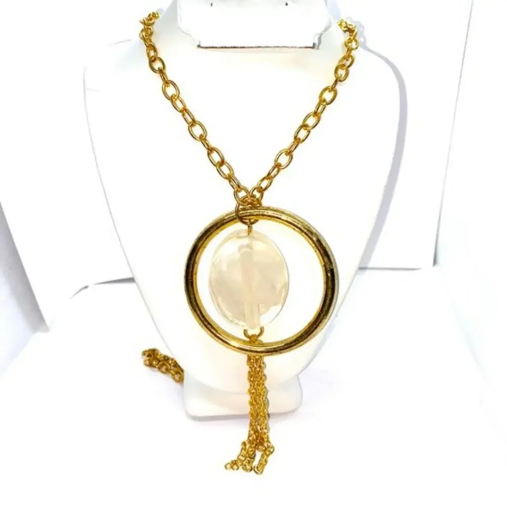 Gold-Tone Smoky White Pendant Stone Float Necklace